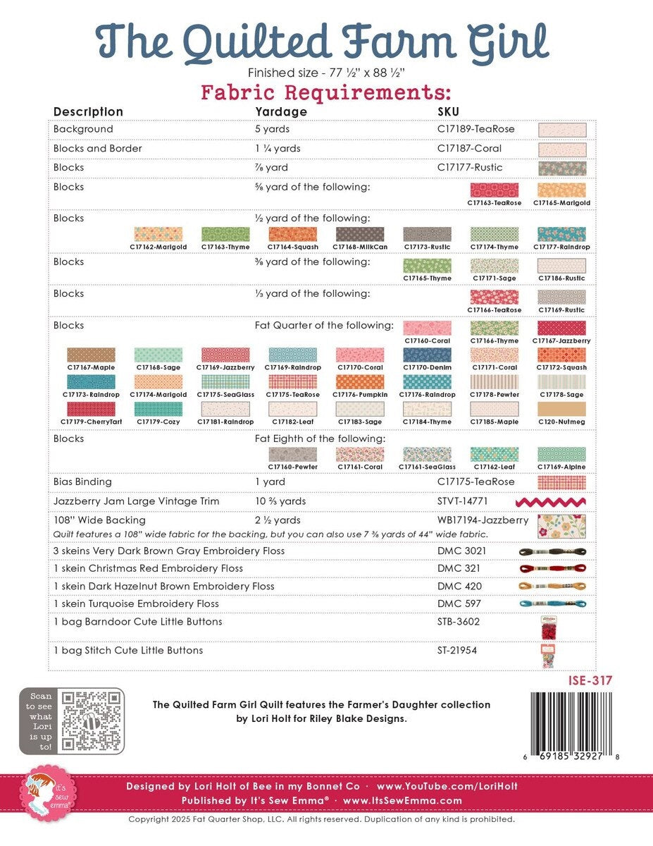 The Quilted Farm Girl Quilt Pattern by Lori Holt of Bee in my Bonnet for It's Sew Emma