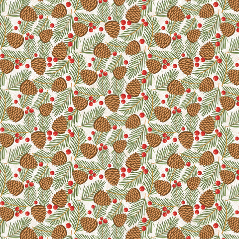 Prairie Christmas White Traditional Pine Cones Tree Yardage by Amanda Grace for Poppie Cotton Fabrics