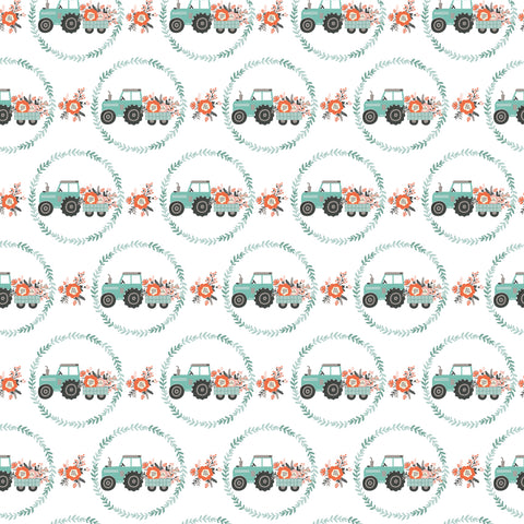 My Heart Belongs To My Farmer White Tractor Pull Yardage by Lori Woods for Poppie Cotton Fabrics